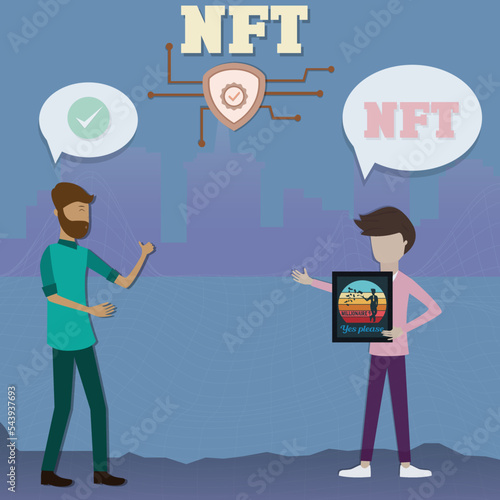 Flat design of digital technology, The young man was approved to create his image as nft art - vector