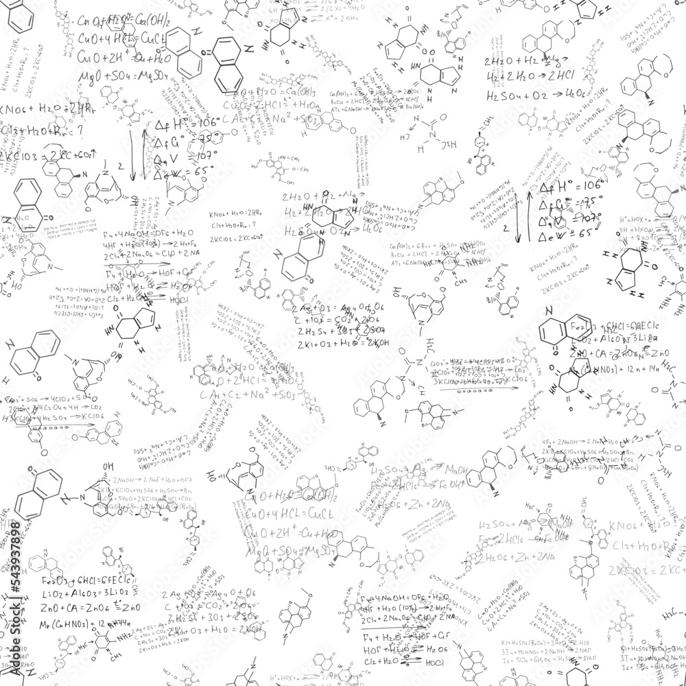chemical formulas. scientific, educational background on white. seamless pattern. hand drawn.