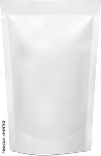 White Blank Foil Food Or Drink Doypack Bag Packaging. Mock Up Template Ready For Your Design. Product Packing Vector EPS10