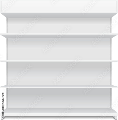 Mockup Blank Empty Showcase Display With Retail Shelves. Front View 3D. Illustration Isolated On White Background. Mock Up Template Ready For Your Design. Product Packing Vector EPS10