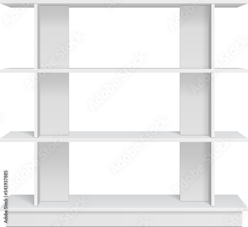 Mockup Display Rack Showcase For Supermarket With Retail Shelves. Front View 3D. Illustration Isolated On White Background. Mock Up Template Ready For Your Design. Product Advertising. Vector EPS10