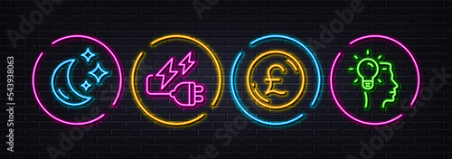 Pound money, Electricity plug and Moon minimal line icons. Neon laser 3d lights. Idea icons. For web, application, printing. Currency, Electric energy, Night dream. Professional job. Vector