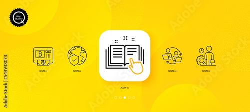 Bitcoin atm, Inspect and Teamwork process minimal line icons. Yellow abstract background. Technical documentation, World insurance icons. For web, application, printing. Vector