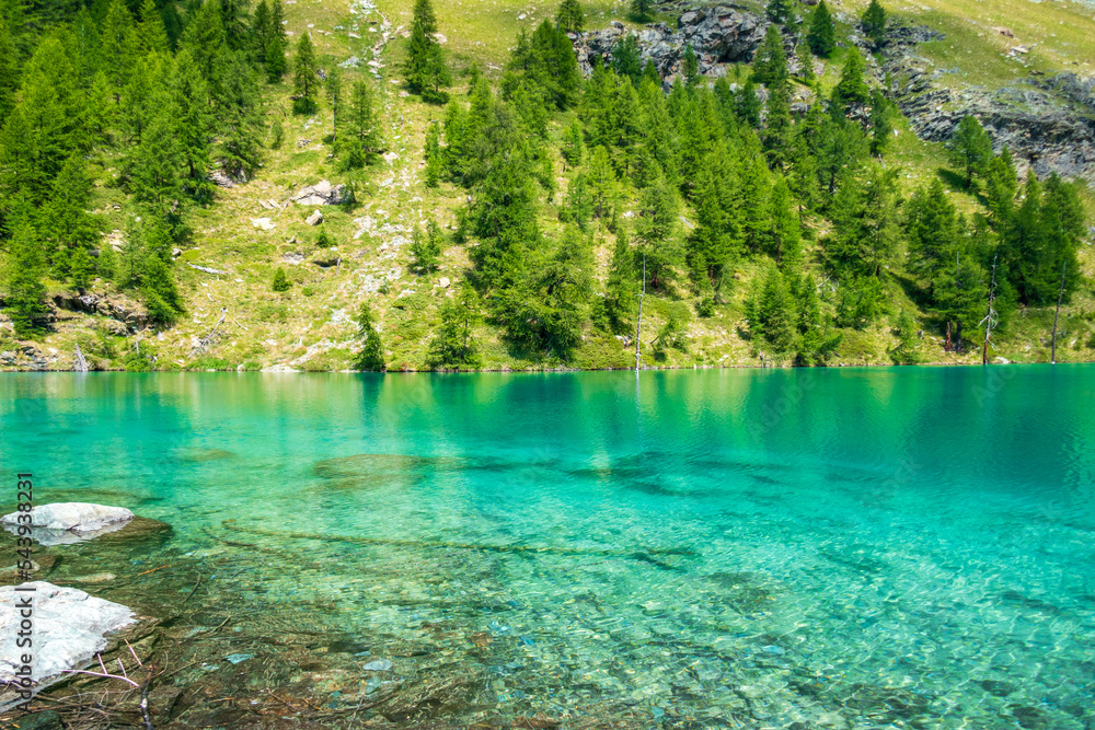 Lac bleu in the beautiful valley Aostatal in summer. 