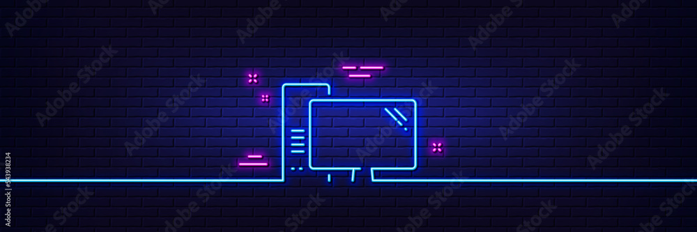 Neon light glow effect. Computer line icon. PC component sign. Monitor with case symbol. 3d line neon glow icon. Brick wall banner. Computer outline. Vector Neon light glow effect. Computer line icon. PC component sign. Monitor with case symbol. 3d line neon glow icon. Brick wall banner. Computer outline. Vector
