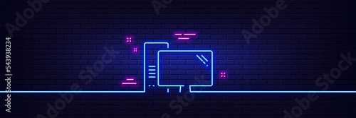 Neon light glow effect. Computer line icon. PC component sign. Monitor with case symbol. 3d line neon glow icon. Brick wall banner. Computer outline. Vector