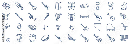 Collection of icons related to Music Instruments, including icons like Accordion, Banjo, Bass Guitar, Conga and more. vector illustrations, Pixel Perfect set