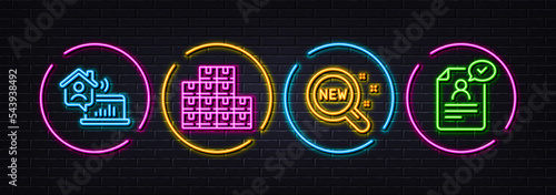 New products, Wholesale inventory and Work home minimal line icons. Neon laser 3d lights. Resume document icons. For web, application, printing. Search, Warehouse parcel, Outsource work. Vector