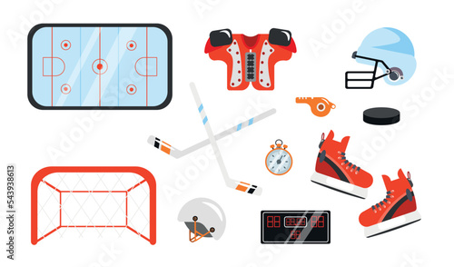Set of equipment for hockey players in cartoon style. Vector illustration of stick, helmet, armor, skates, puck, gate, ice arena, whistle, stopwatch, scoreboard on white background.