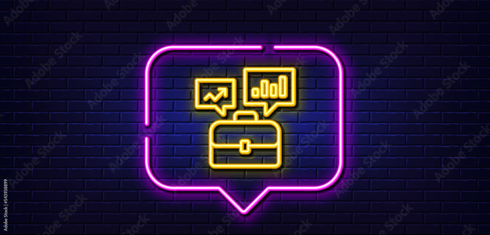 Neon light speech bubble. Business portfolio with Growth charts line icon. Job Interview sign. Neon light background. Business portfolio glow line. Brick wall banner. Vector Neon light speech bubble. Business portfolio with Growth charts line icon. Job Interview sign. Neon light background. Business portfolio glow line. Brick wall banner. Vector