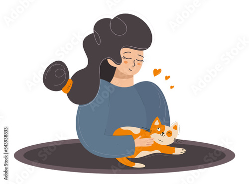 A woman gently strokes her kitten. The girl is sitting at the table with a funny cunning cat. Peace, positive, relaxation, calmness and love for animals. Modern vector illustration isolated flat style