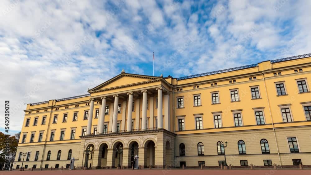 Oslo Norway royal palace (Slottet, Det kongelige slott) - hyper-lapse of old yellow historical building in Europe under clouds in the blue sky. Oslo Norway royal palace (Slottet, Det kongelige slott) - hyper-lapse of old yellow historical building in Europe under clouds in the blue sky.