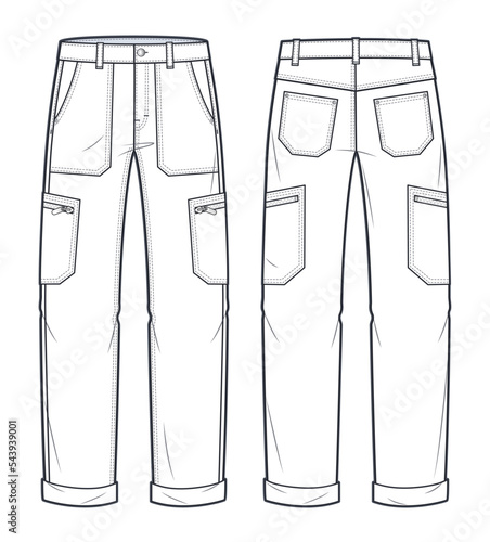 Cargo Pants technical fashion Illustration. Jeans Pants fashion flat technical drawing template, pockets, front and back view, white, women, men, unisex CAD mockup.