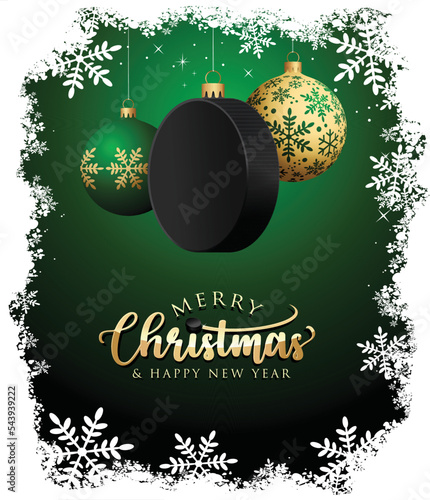 Hockey Christmas balls puck - Snow frame - Greeting Card - New Year - Green Background