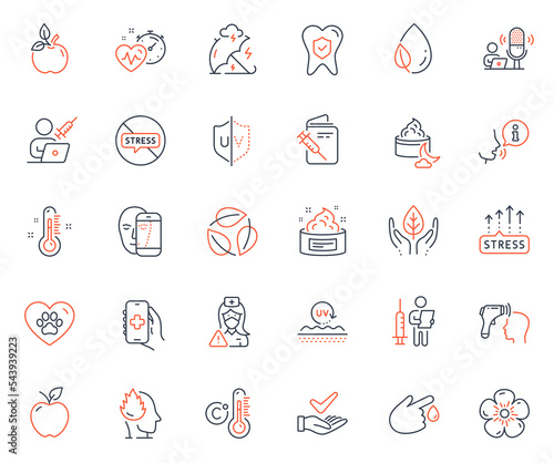 Healthcare icons set. Included icon as Vaccination passport, Uv protection and Thermometer web elements. Leaves, Leaf dew, Dermatologically tested icons. Vaccination appointment. Vector
