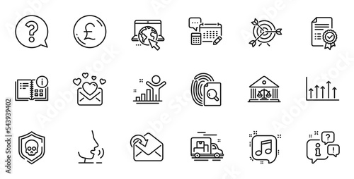 Outline set of Cyber attack, Winner and Musical note line icons for web application. Talk, information, delivery truck outline icon. Include Instruction info, Internet, Receive mail icons. Vector