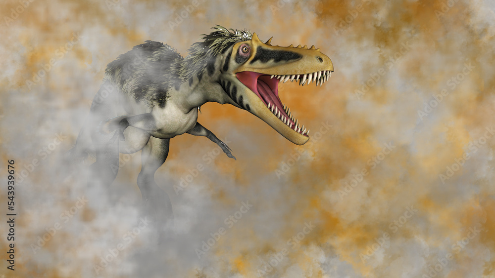 Alioramus dinosaur roaring in the fog - 3D render