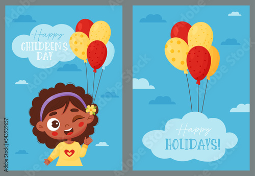 Cute black ethnic winking girl with balloons. Set holiday cards Happy Childrens Day. Vector illustration in cartoon style. Vertical template for greeting cards, design, banners