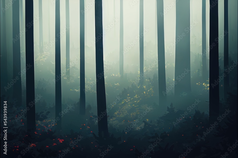 Fototapeta premium Misty fog in pine forest on mountain slopes. Color toning.