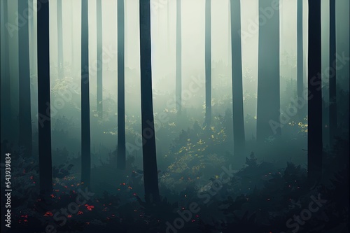 Misty fog in pine forest on mountain slopes. Color toning. © 2rogan