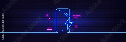 Neon light glow effect. Smartphone charging line icon. Phone charge sign. Mobile device energy symbol. 3d line neon glow icon. Brick wall banner. Smartphone charging outline. Vector
