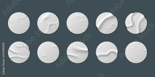 Glued round stickers set isolated. Realistic crumpled posters bundle. Wet greased wrinkles blank