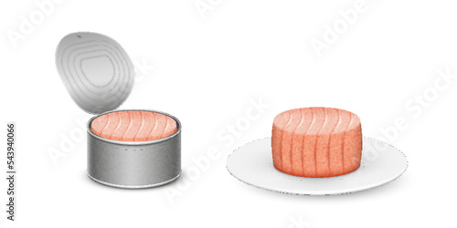 Canned tuna in metal can or on plate. Cooked fish meat for salad or dish cooking. Tasty ingredient