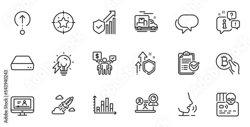 Outline set of Bitcoin pay, Swipe up and Video conference line icons for web application. Talk, information, delivery truck outline icon. Include Teamwork, Star target, Survey checklist icons. Vector