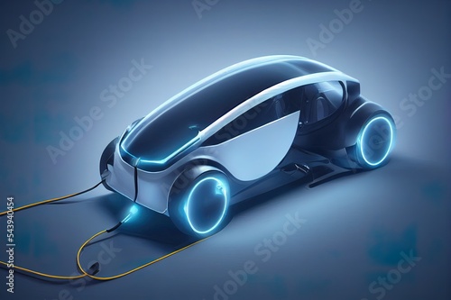 Electric car (generic model) technical cutaway 3d rendering with all main details of EV system in ghost effect. Perspective bird eye view on white background. photo