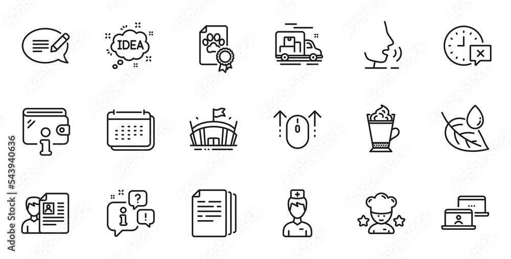 Outline set of Dog certificate, Best chef and Wallet line icons for web application. Talk, information, delivery truck outline icon. Include Arena, Job interview, Doctor icons. Vector Outline set of Dog certificate, Best chef and Wallet line icons for web application. Talk, information, delivery truck outline icon. Include Arena, Job interview, Doctor icons. Vector