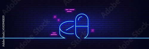 Neon light glow effect. Medical drugs line icon. Medicine pills sign. Pharmacy medication symbol. 3d line neon glow icon. Brick wall banner. Medical drugs outline. Vector