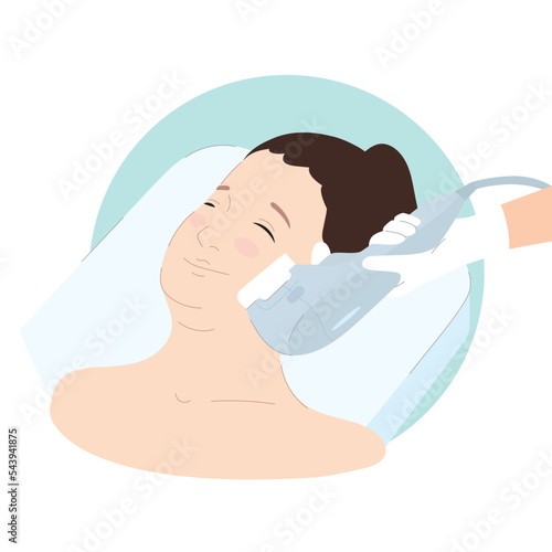 Woman getting HIFU spa treatment. High intensity focus ultrasound procedure. SMAS ultrasound face lifting massage with professional equipment in beauty salon. Skin treat