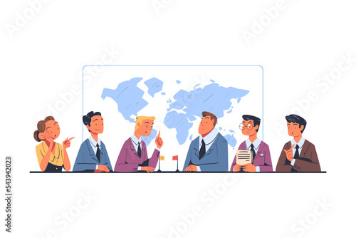 People Characters Having Negotiation Sitting at Negotiating Table Vector Illustration