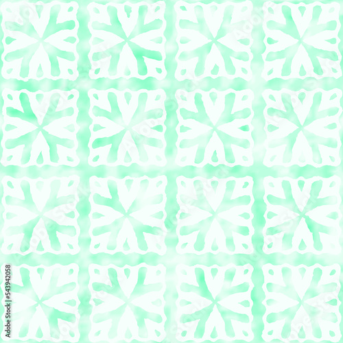Spring Green Watercolor-Dyed Effect Textured Ethnic Tile Pattern