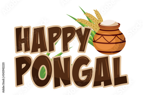 Cartoon lettering of happy Pongal harvest festival in India, clay pot with food, wheat and sugarcane