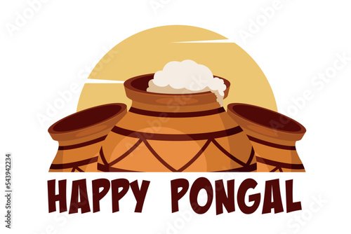 Happy Pongal harvest india religious festival celebration card with clay pot with sun background