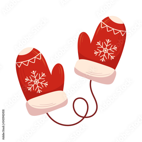 Red Christmas Mittens with Snowflakes Ornament and Rope. Xmas Holiday Traditional Winter Clothes, Knit Mittens