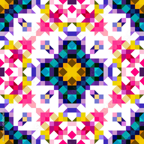 Retro geometric pixel pattern. Playful fun kaleidoscopic pink wallpaper. Colorful summer vintage geo dot mosaic for seamless texture background. 