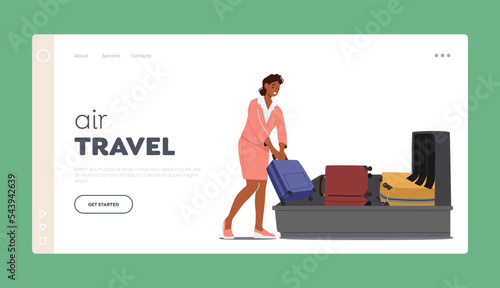 Air Travel Landing Page Template. Passenger Check Luggage on X-ray in Airport. Airport Security Conveyor Belt Scanner
