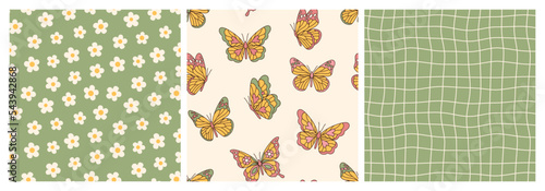 Groovy butterfly, daisy, flower. Hippie 60s 70s seamless patterns. Waves, checkerboard, mesh backgrounds in retro style. Y2k aesthetic. Fashion design, textile, fabric collection.