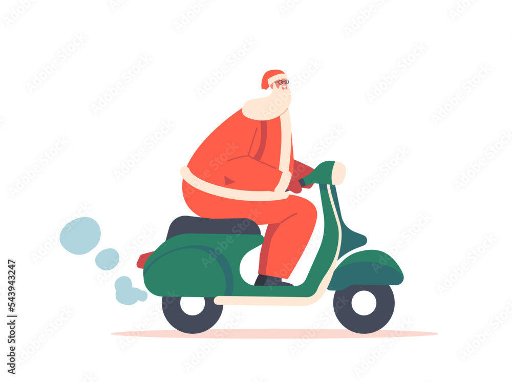 Santa Claus Riding Scooter or Moped Isolated on White Background. Father Noel Character in Red Festive Suit Santa Claus Riding Scooter or Moped Isolated on White Background. Father Noel Character in Red Festive Suit
