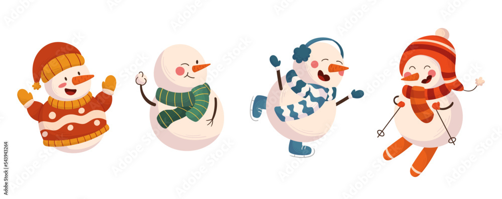 Set Of Cute Snowmen Characters Wear Knit Clothes, Funny Winter New Year And Christmas Personages Playing Snowball