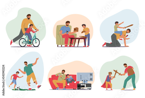 Set of Happy Family Characters Dad and Little Son Spend Time Together Building Bird House, Riding Bicycle, Playing