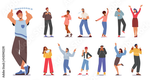 Set of People Feeling Positive Emotions, Giving Highfive, Show Ok Gesture, Jumping with Raised Arms and Showing Thumb Up