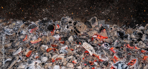 Burning charcoal. Flaming coal close-up. Sparks from the fire