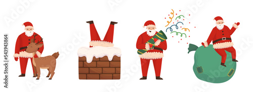 Set of Funny Santa Claus Character Caress Reindeer, Stuck in Chimney, Shoot Flapper, Sit on Huge Sack with Gifts