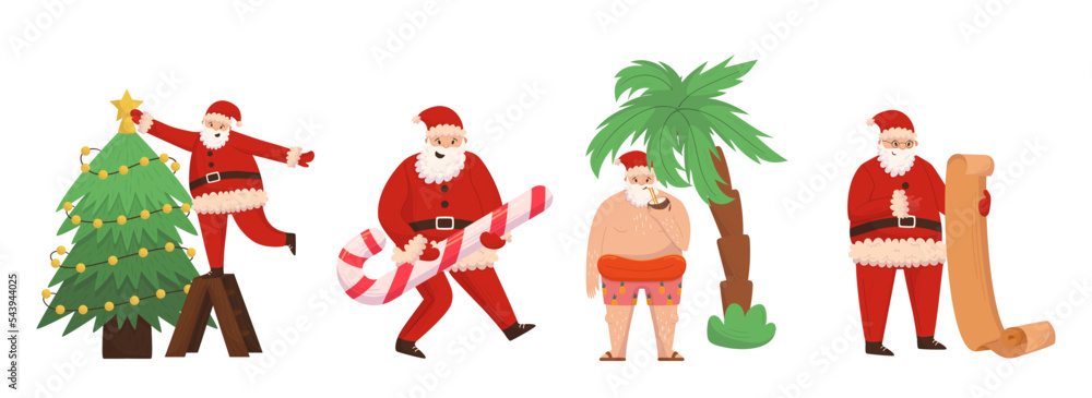 Fototapeta premium Set of Funny Santa Claus Character, Winter Holiday Personage in Traditional Red Costume Decorate Tree, Relax on Beach