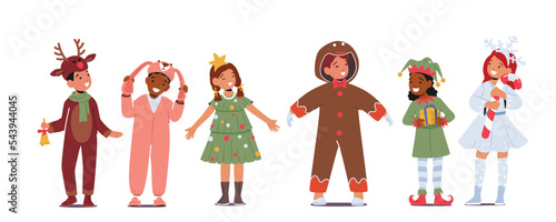 Children in Christmas Costumes, Girls and Boys Performing on School or Kindergarten Matinee. Elf, Snowflake, Rabbit
