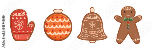 Set of Christmas Cookies Gingerbread Man, Mitten and Ball with Icing Isolated on White Background. Xmas Festive Pastry