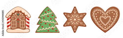 Set of Christmas Cookies, Xmas Festive Pastry Gingerbread House, Tree, Star and Heart Isolated on White Background